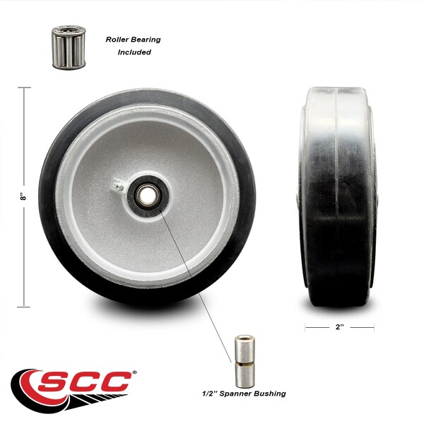 SCC - 8 Rubber On Aluminum Wheel Only W/Roller Bearing-1/2 Bore-600 Lbs Cpty